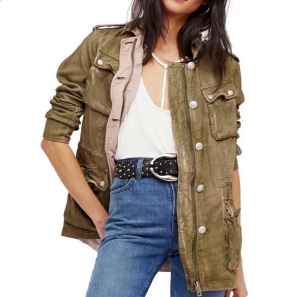 Free People Olive Green Arm Anorak Military Cargo Jacket Size Large